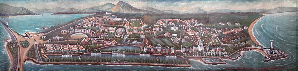 集美村全景油画，许其骏画，复制品，原件藏于华侨博物院，受访人供图