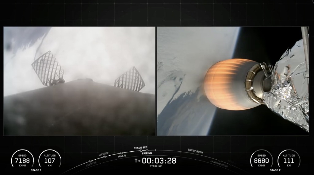 猎鹰九号将29颗星链卫星送入轨道。图片来源：SpaceX视频截图